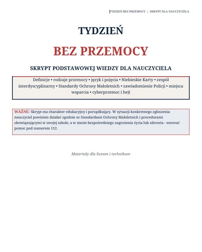 Tydzień bez przemocy! projekt- scenariusz na 7 dni szkolnej akcji, plakaty, karty pracy, gazetka, baner, skrypt na 7 lekcji o przemocy