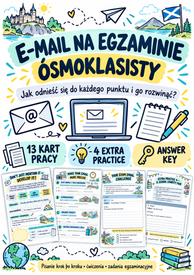 E-mail na egzaminie ósmoklasisty — sketchnote, ćwiczenia i 4 zadania Extra Practice