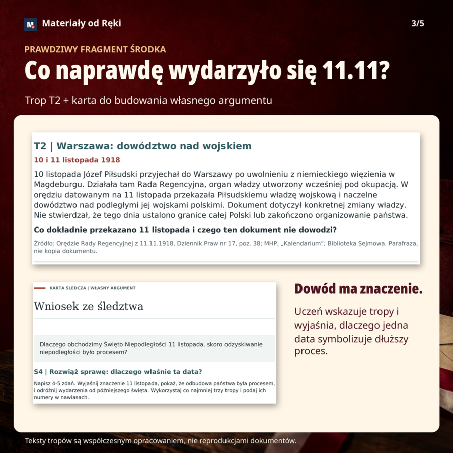 11 listopada - śledztwo historyczne 1918, historia klasy 7-8, lekcja 45 minut