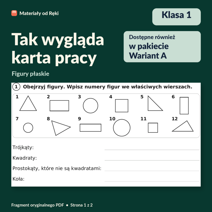 Figury płaskie: trójkąt, kwadrat, prostokąt, koło - karta pracy z kluczem | Matematyka, klasa 1 | Wariant A