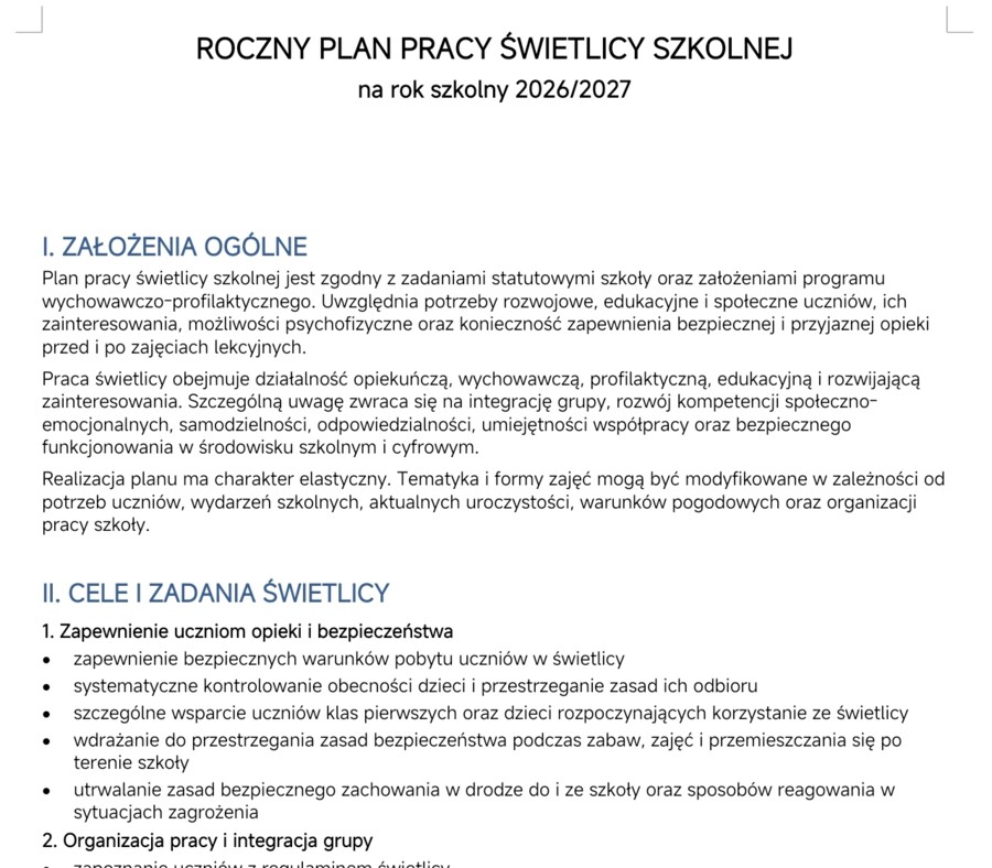 Roczny plan pracy świetlicy szkolnej 2026/2027
