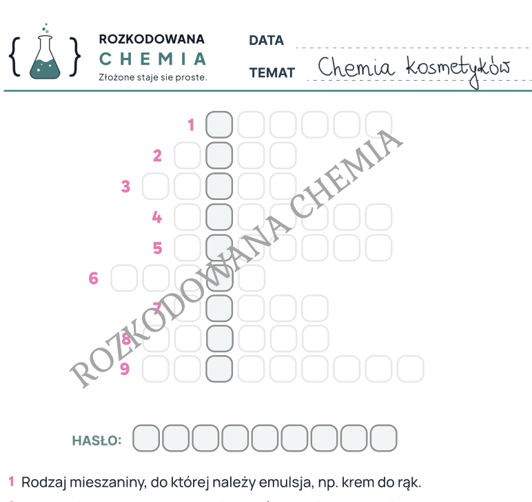 Krzyżówka chemiczna - Chemia kosmetyków