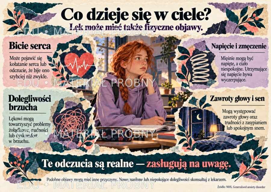ZABURZENIA LĘKOWE — KIEDY LĘK UTRUDNIA ŻYCIE Gazetka edukacyjna | 20 plansz A4 w układzie poziomym