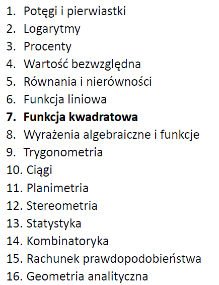 Przygotowanie do matury z matematyki - dział VII: Funkcja kwadratowa