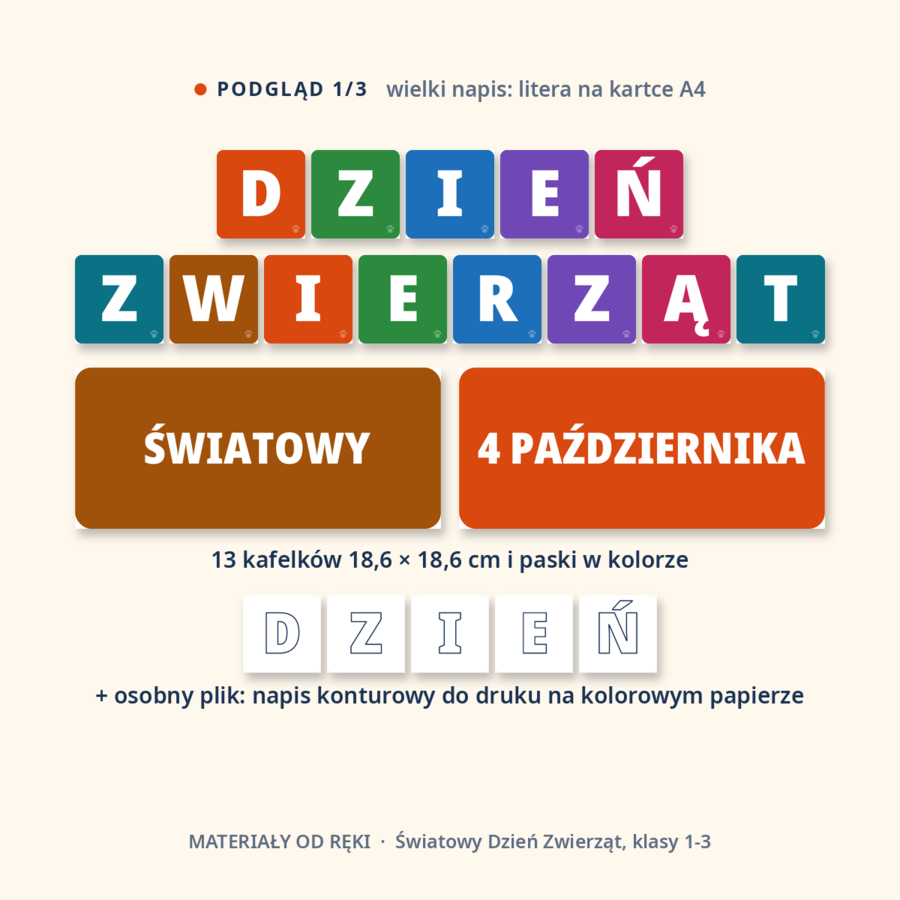 Gazetka na Światowy Dzień Zwierząt 4 października: napis, 10 plansz z ciekawostkami i dekoracje, klasy 1-3