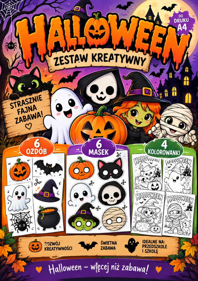 🎃 Halloween – zabawy i zadania | 5 kart pracy + 3 kolorowanki