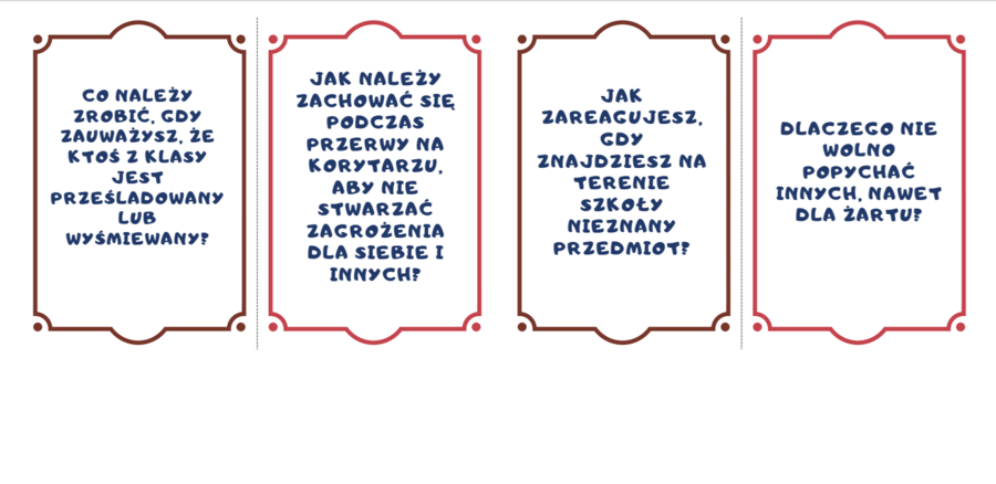 Karty z pytaniami na temat bezpieczeństwa/zajęcia z wychowawcą/godzina bezpieczeństwa