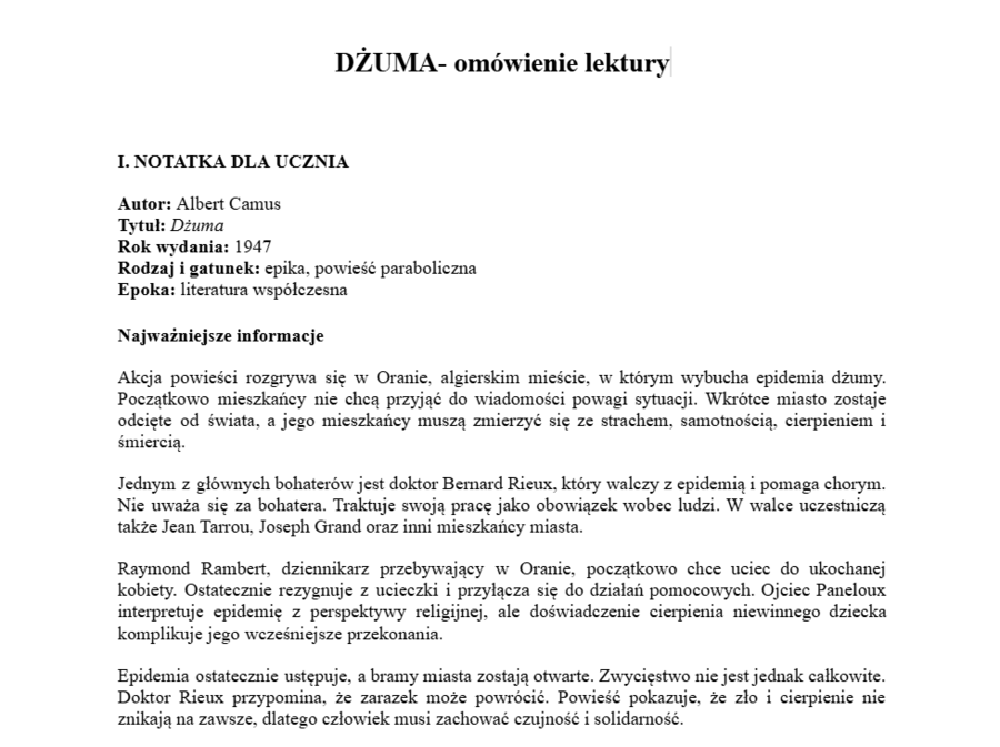 Dżuma- omówienie lektury