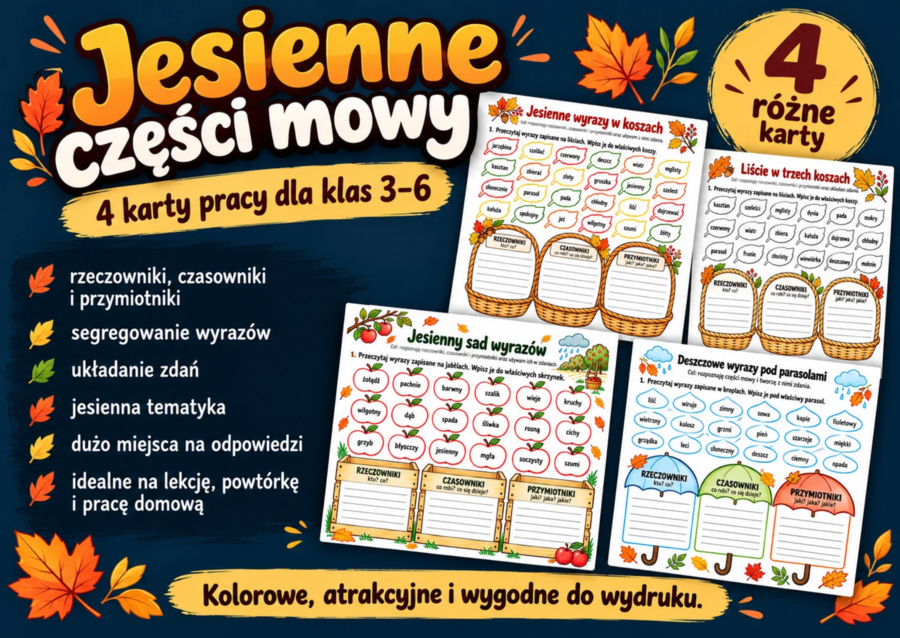 ☔ Jesienne części mowy – 4 karty pracy dla klas 3–6