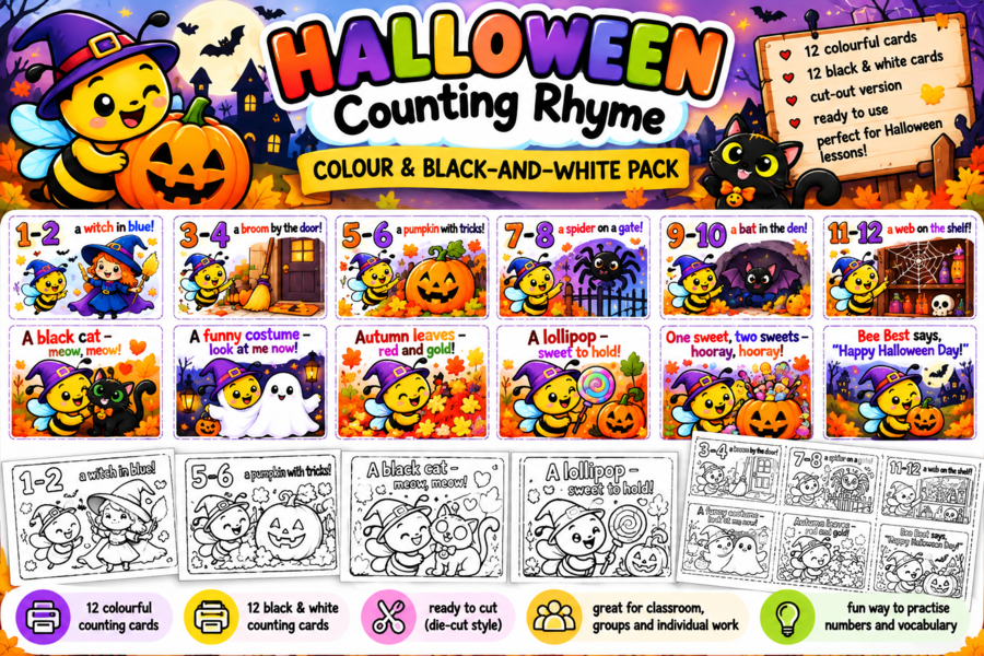 BEE BEST – HALLOWEEN ACTIVITY PACK - lapbook, printouts, handouts, rymowanka, wyliczanka, zakładka, pacynki paluszkowe,