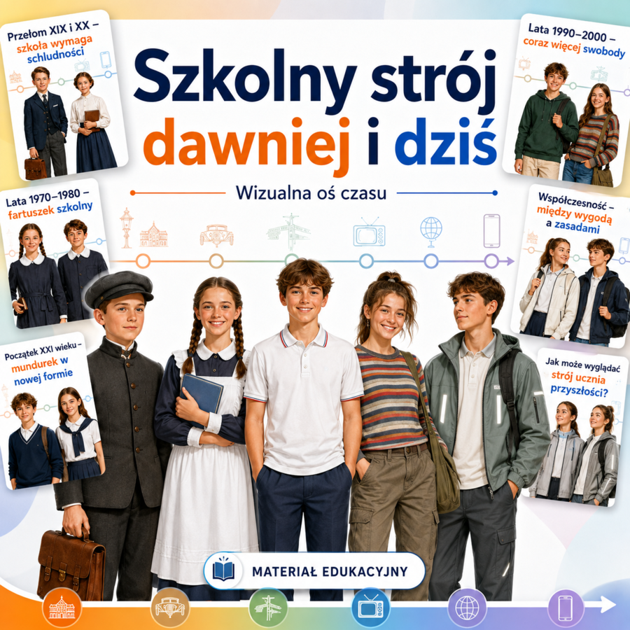 Szkolny strój dawniej i dziś — wizualna oś czasu