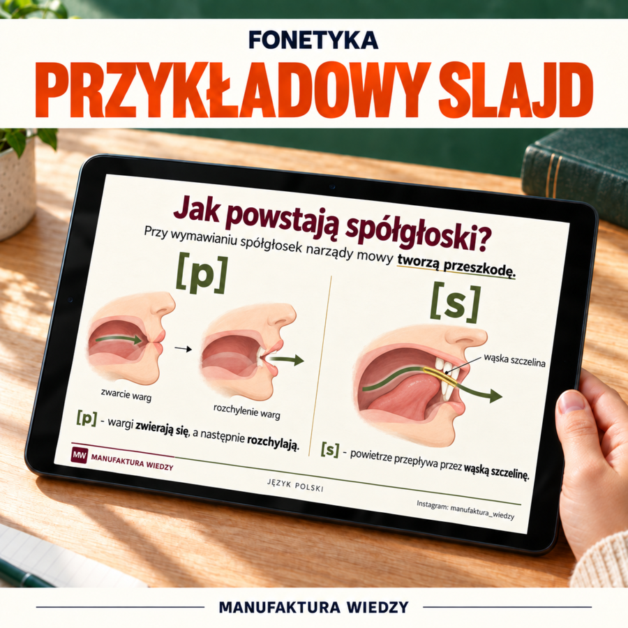 Fonetyka – prezentacja 77 slajdów + notatka do druku – głoski, litery, sylaby, funkcje „i”, akcent