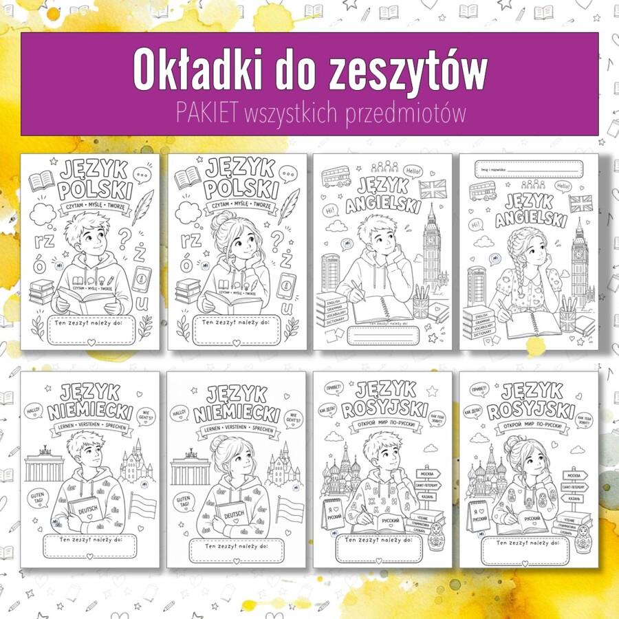 PAKIET okładki do zeszytów. Wklejki na pierwszą stronę z wszystkich przedmiotów.