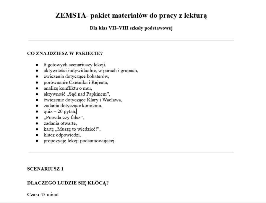 Zemsta- pakiet materiałów do pracy z lekturą