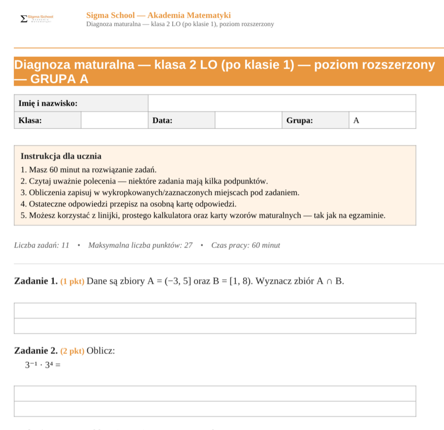 Diagnoza z matematyki – klasa 3 LO (poziom rozszerzony)