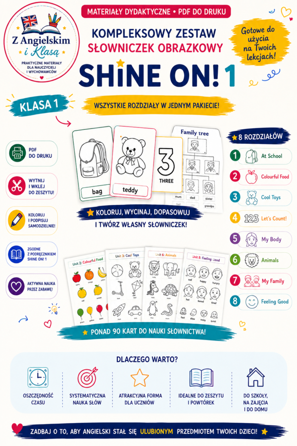 Shine On! 1 – Kompleksowy zestaw słowniczków obrazkowych | Wszystkie rozdziały | Karty obrazkowe i wyrazowe | PDF do druku
