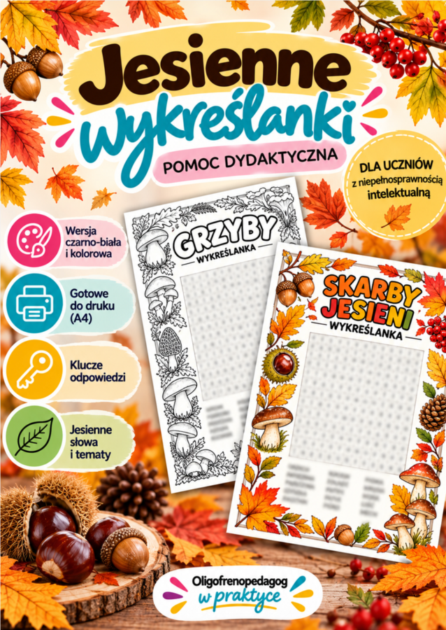 Jesienne wykreślanki – grzyby, liście, owoce, warzywa i zwierzęta