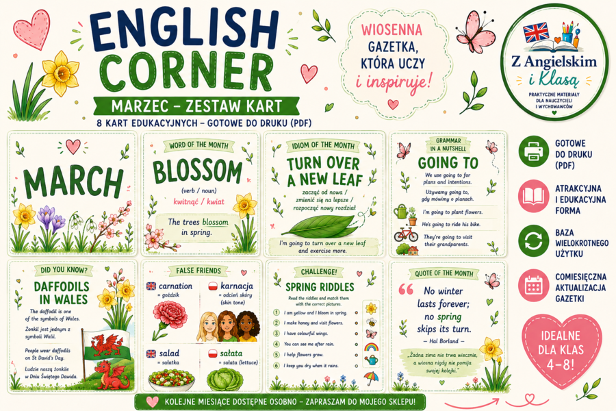 English Corner – MARZEC | Zestaw wymiennych kart do gazetki szkolnej | Dekoracja pracowni języka angielskiego PDF