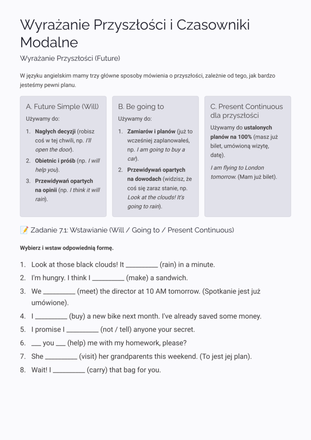 MEGA PACK powtórkowy: Present Simple&Continuous, Past Simple&Continuous, wyrażanie przyszłości, czasowniki modalne.