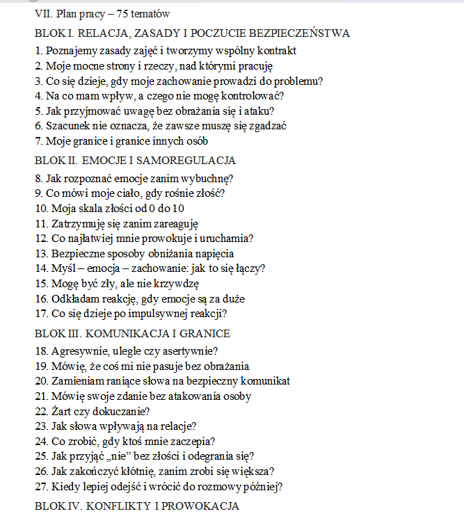 Program zajęć socjoterapeutycznych – klasy IV–VI. Rewalidacja.
