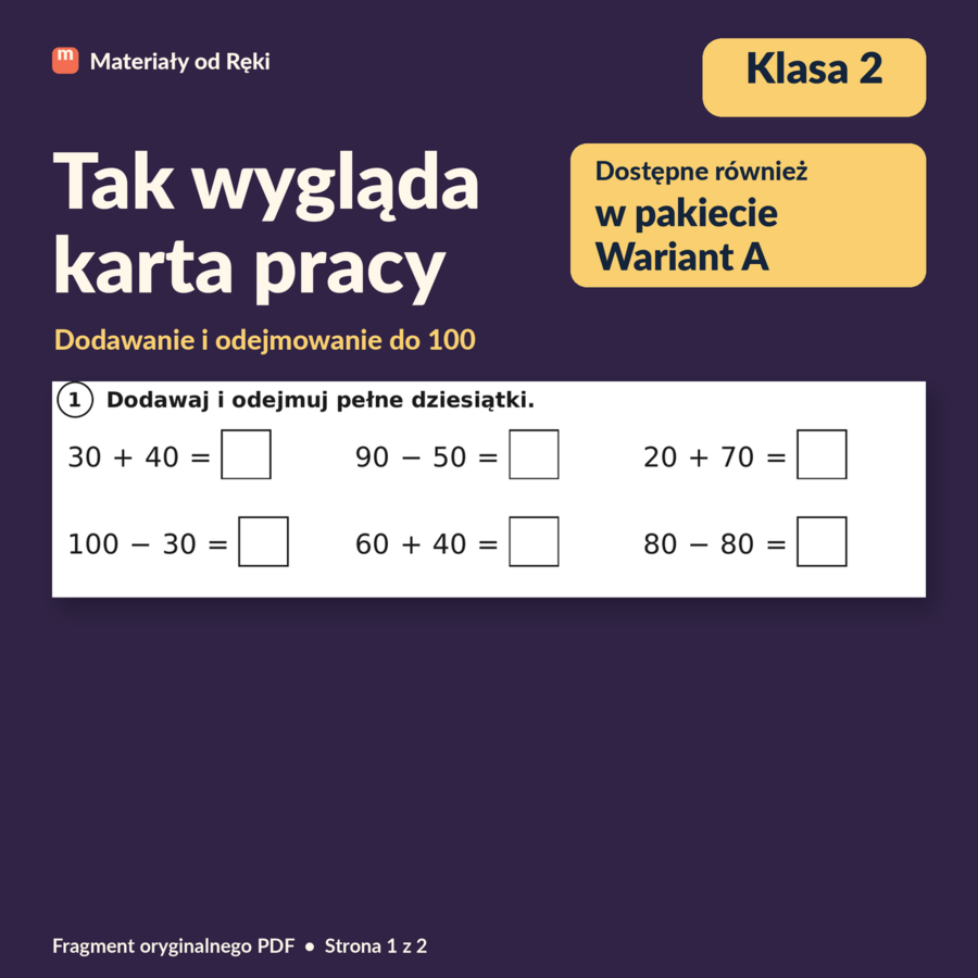 Dodawanie i odejmowanie w zakresie 100 - karta pracy z kluczem | Matematyka, klasa 2 | Wariant A