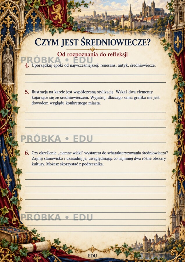 ŚREDNIOWIECZE — epoka literacka | LO | 22 karty dwustronne, 132 zadania, sprawdzian i klucze