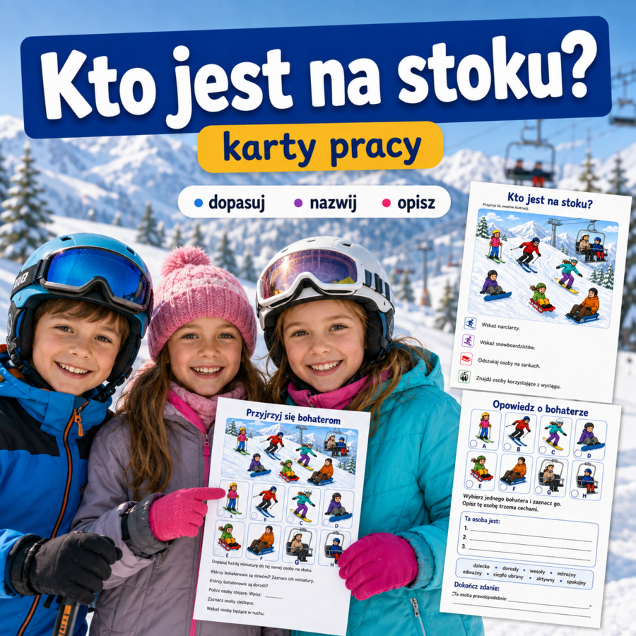 Kto jest na stoku? — rozpoznaj i nazwij bohaterów ilustracji