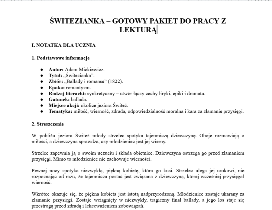 Świtezianka- gotowy pakiet do pracy z lekturą