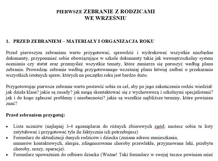 CHECKLISTA: Pierwsze zebranie z rodzicami , czyli przepis na spokojny wrzesień.