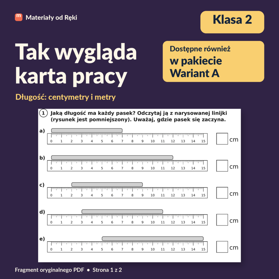 Długość: centymetry i metry - karta pracy z kluczem | Matematyka, klasa 2 | Wariant A