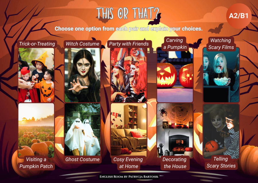 Prezentacja ,,This or That?'' w tematyce Halloween. Dla nastolatków, poziom  A2/B1.
