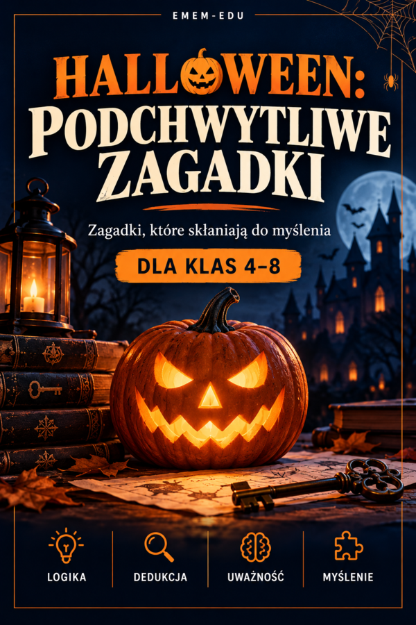 Halloween: Podchwytliwe zagadki | 27 zadań logicznych, scenariusz dla klas 4–8 | GOTOWA LEKCJA  PDF do druku