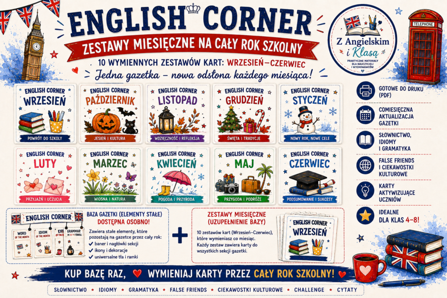English Corner – zestaw kart wymiennych do gazetki szkolnej (wrzesień–czerwiec) | klasy 4–8 | PDF