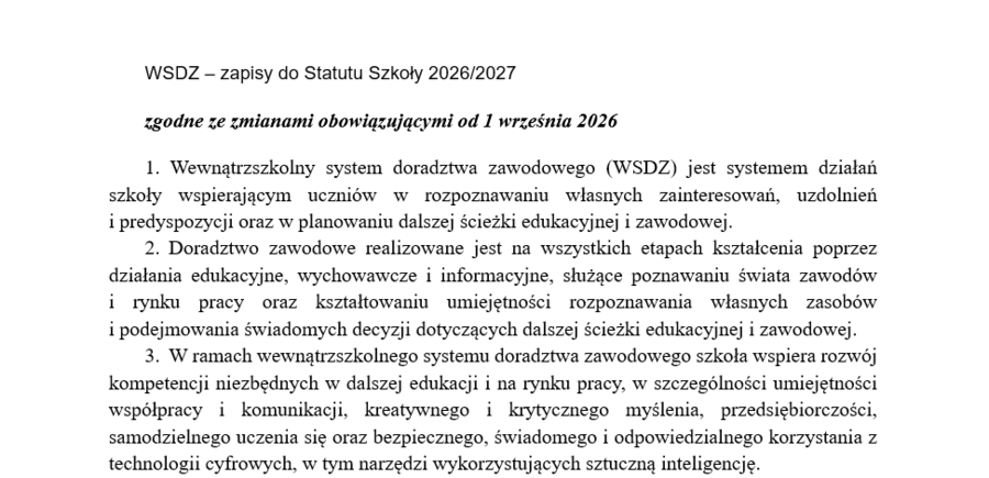 WSDZ zapisy do Statutu Szkoły 2026/2027.