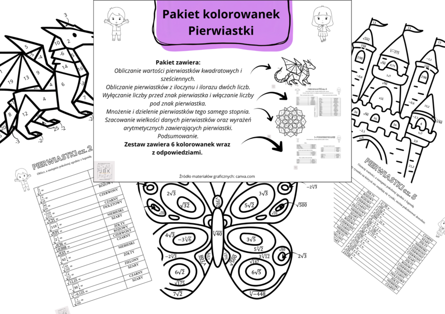 Pakiet kolorowanek - Działania na pierwiastkach