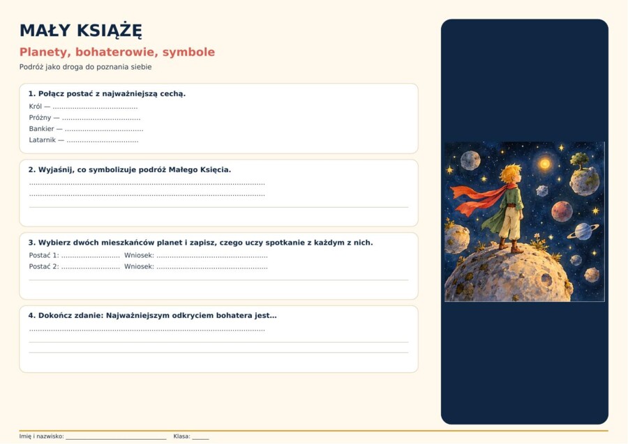 MAŁY KSIĄŻĘ - KARTY PRACY DO LEKTURY | 6 KART + KLUCZ ODPOWIEDZI