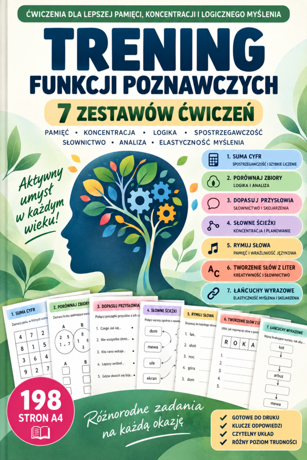 Trening funkcji poznawczych – 7 zestawów ćwiczeń | 198 stron A4