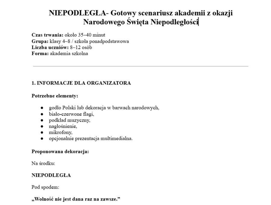 Niepodległa- Scenariusz akademii z okazji Dnia Niepodległości