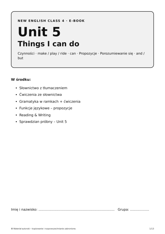 New English Class 4 – Unit 5 Things I can do | klasa 4 | e-book 13 stron + klucz