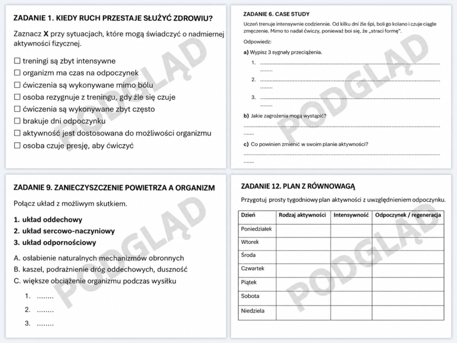 KARTA PRACY + KLUCZ ZAGROŻENIA ZWIĄZANE Z NADMIERNĄ AKTYWNOŚCIĄ FIZYCZNĄ I SPOSOBY ICH UNIKANIA | edukacja zdrowotna