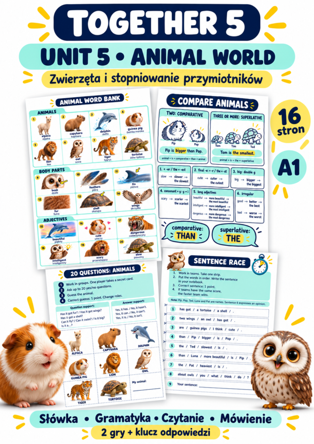 Together 5 Unit 5 – Zwierzęta i stopniowanie przymiotników | Powtórka A1 | 16 stron
