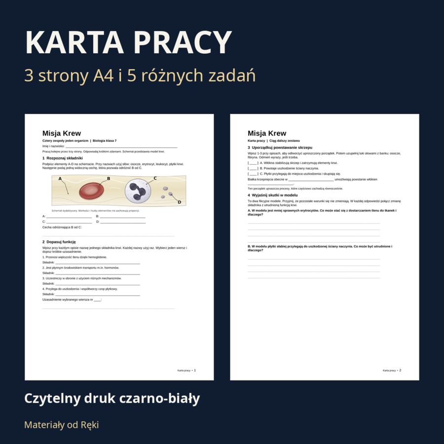 Krew - biologia klasa 7 | Misja: Krew! Prezentacja i karta pracy na 45 minut