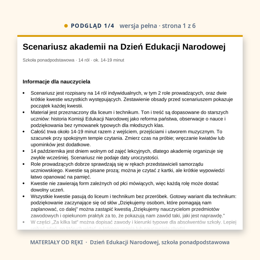 Scenariusz akademii na Dzień Edukacji Narodowej, szkoła ponadpodstawowa, wersja pełna i skrócona