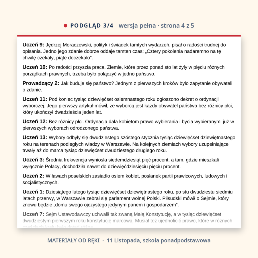 Scenariusz akademii na 11 Listopada: Narodowe Święto Niepodległości, szkoła ponadpodstawowa, wersja pełna i skrócona