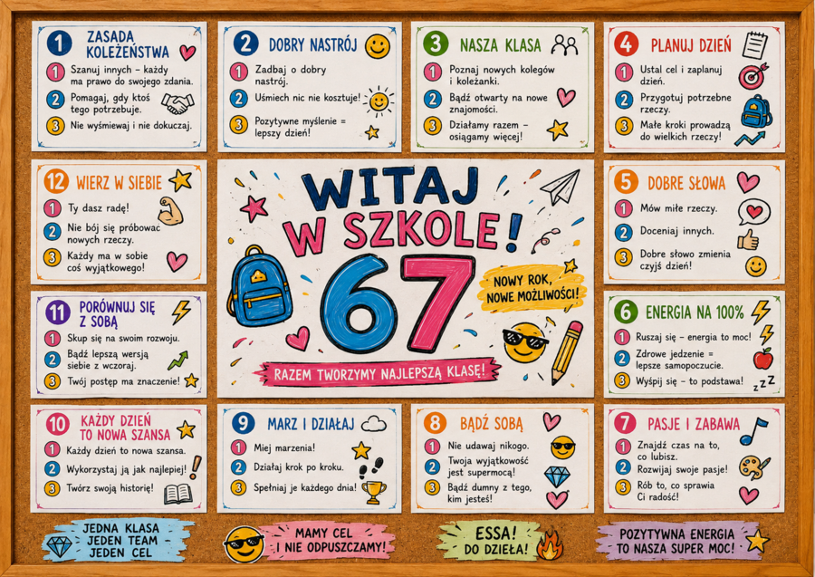 Gazetka motywacyjna na powitanie – Witaj w szkole! Zasady klasy i dobre nawyki.