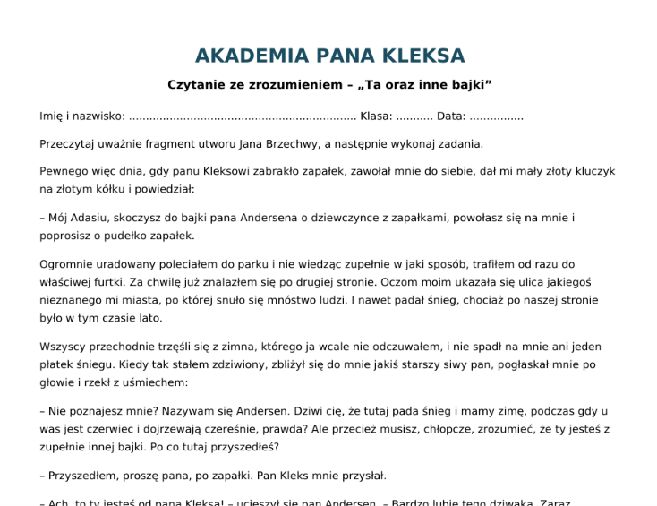 Pakiet materiałów do lektury "Akademia pana Kleksa"