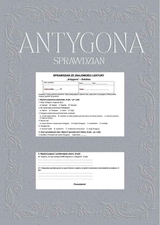 "Antygona"  Sofokles - kartkówka z treści lektury