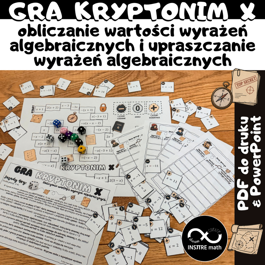 Wyrażenia algebraiczne GRA  KRYPTONIM  X obliczanie wartości wyrażeń algebraicznych i upraszczanie wyrażeń algebraicznych, Dzień Gier Planszowych