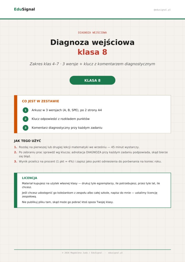 Diagnoza wejściowa z matematyki — klasa 8, zakres klas 4–7 (3 wersje + klucz diagnostyczny)