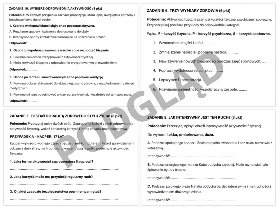 KARTA PRACY + KLUCZ ODPOWIEDZI  Argumenty za aktywnością fizyczną – różne grupy wiekowe i osoby o zróżnicowanych potrzebach zdrowotnych | edukacja zdrowotna
